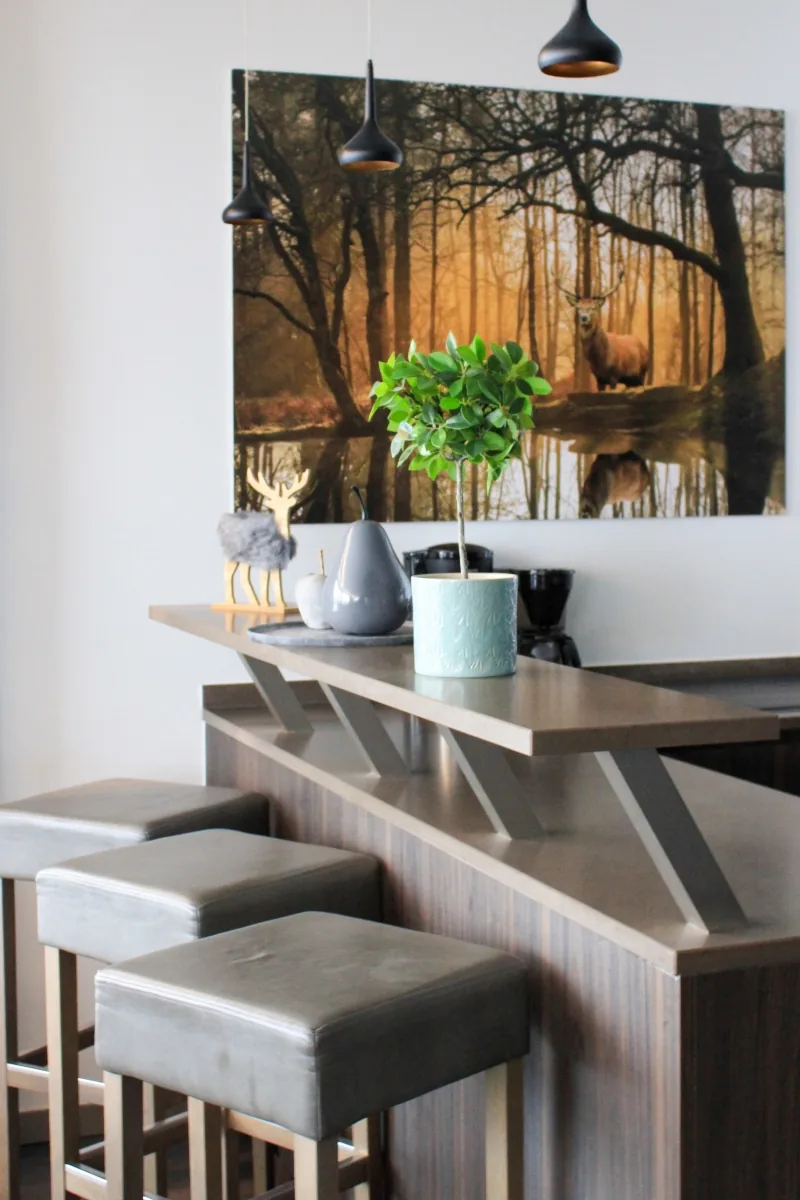 The kitchen bar with stools and a stag print on the wall behind